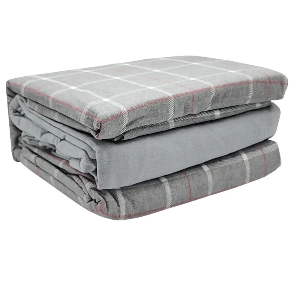 BIBB Home Twin Size Gray Checkered Cotton Flannel Sheet Set 3pc‎